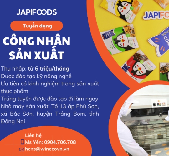 [Đồng Nai] Tuyển dụng công nhân sản xuất